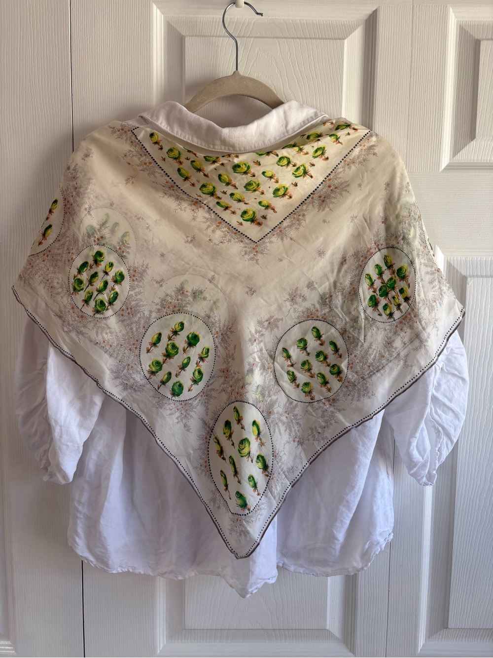 VNTG Silk White Square Scarf Green Yellow Rose Floral Print Academia Career Work